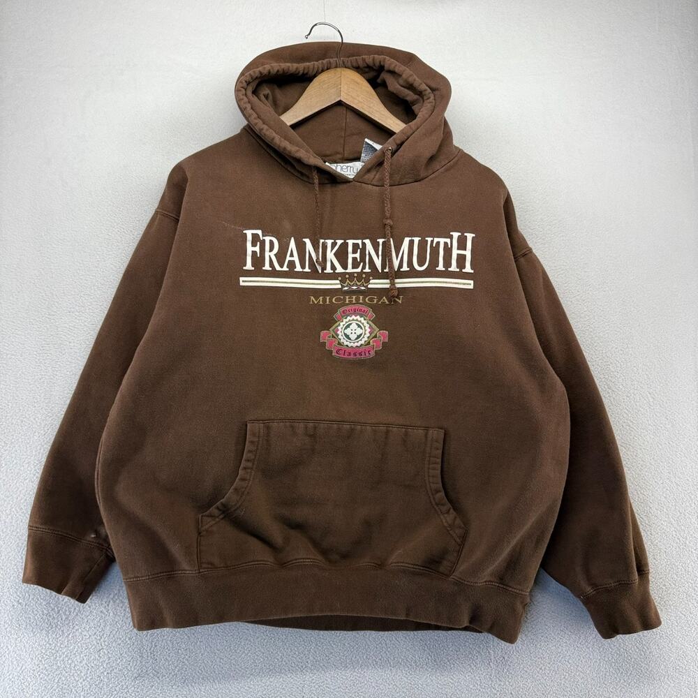 Vintage Frankenmuth Michigan Hoodie Adult Large Brown Boxy Spellout Graphic 90s